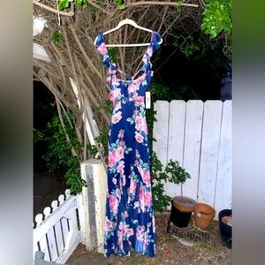 Olia Maxi Dress NWT & Elegant Details, Navy & Florals, Full Back Exposed, Size M